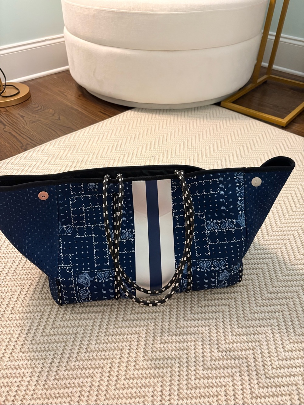 Navy Blue Patterned Tote Bag with Striped Center Panel